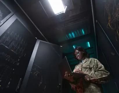 Military woman in server room