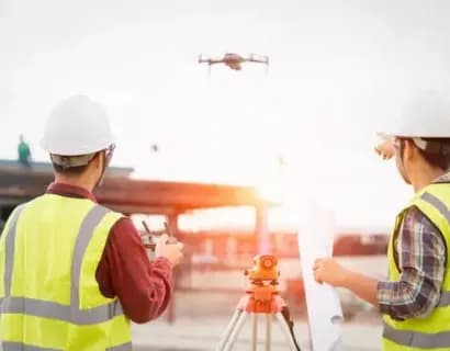 Survey crew pointing to drone in the sky